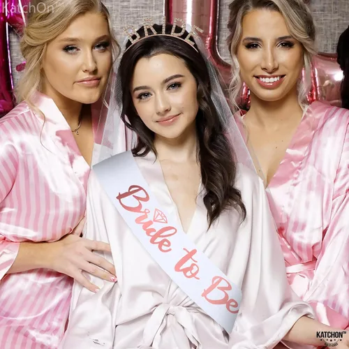 Vista 8 de KatchOn, Corona de novia de oro rosa y banda para la novia – Paquete de 2 Banda y diadema para novia Corona de novia para despedida de soltera