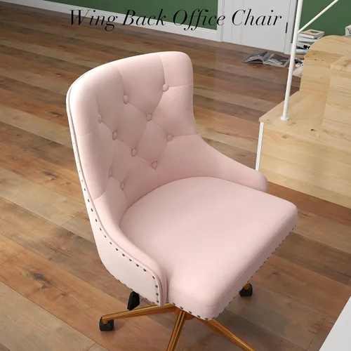 Vista 2 de Silla giratoria moderna, cómoda silla de escritorio tapizada de terciopelo con ribete de cabeza de clavo, silla de tocador ajustable sin brazos