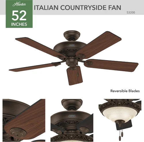 Vista 10 de Ventilador de techo con luz Hunter 53200, de 52 pulgadas, al estilo de campo italiano, color cacao
