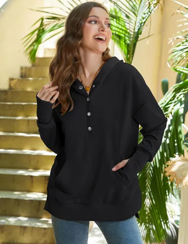 Vista 3 de Micoson Women Oversized Sweatshirt with Thumb Holes Fall Fashion Casual Long Sleeve Hoodie Button Down Pullover