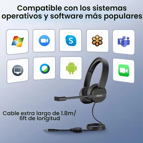 Vista 5 de EKSA Auriculares con micrófono para PC, auriculares de computadora con cable de 0.138 in con controles de volumen y silencio de micrófono
