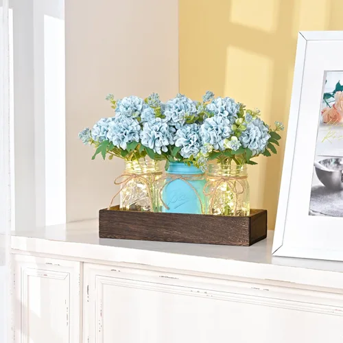 Vista 6 de BLEUM CADE Decoración de mesa de centro de mesa, 3 piezas de flores artificiales de hortensias en frascos Mason con bandeja de madera para mesa