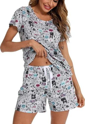 Vista 25 de ENJOYNIGHT - Conjunto de pantalones cortos de pijama para mujer, pijamas de algodón para verano, ropa de dormir con bolsillos Negro
