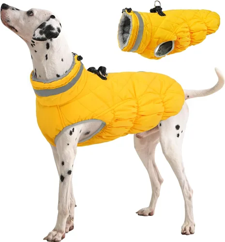Vista 32 de Abrigo para perro, chaqueta cálida de invierno, acolchada, de vellón, chaleco reflectante con arnés, chaqueta de nieve impermeable con cremallera, a
