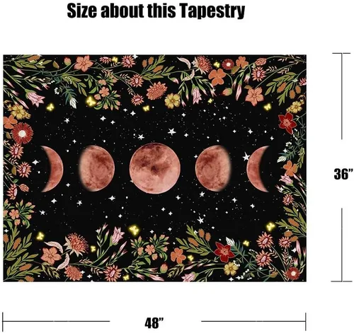 Vista 7 de Rexful Tapiz de jardín iluminado por la luna, fase lunar rodeada de plantas y flores, manta negra para colgar en la pared, 36 x 48 pulgadas