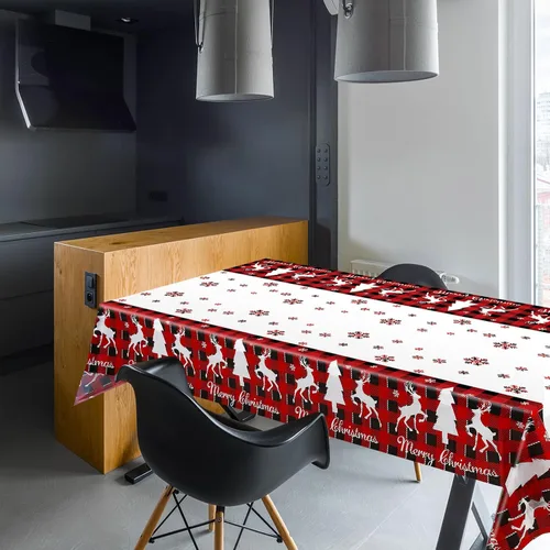 Vista 5 de Mantel de Mesa Feliz Navidad de Plástico a Cuadros Buffalo Mantel Rojo y Negro a Cuadros Copo de Nieve Mantel Rectangular Cubierta de Mesa Navideña