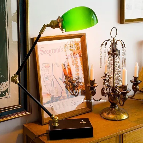 Vista 2 de Vintage Industrial Green Glass Table Lamp Modern Antique Brass and Wood Body Desk Light with Button Switch(Black,Long)