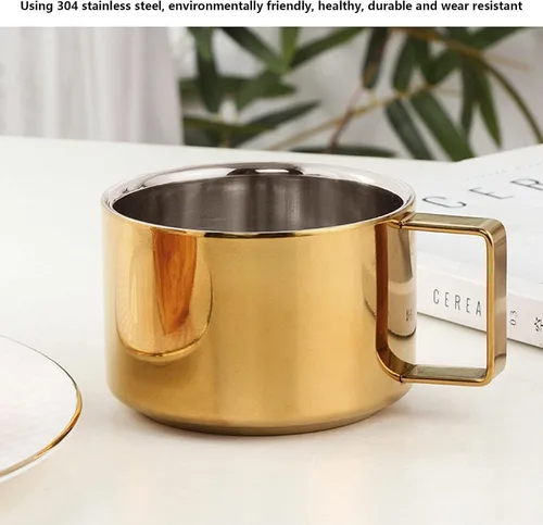 Vista 5 de Juego de 2 tazas y platillos de expreso, taza de café y platillo, taza de café dorada, tazas demitasse de acero inoxidable, exquisitos recipientes
