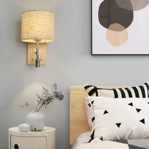 Vista 3 de Renter Friendly Farmhouse Rustic Wood Wall Sconce Fabric Shade LED Reading Light with On Off Switch Hardwired Vintage Bedroom Mount Lamp for Bedside