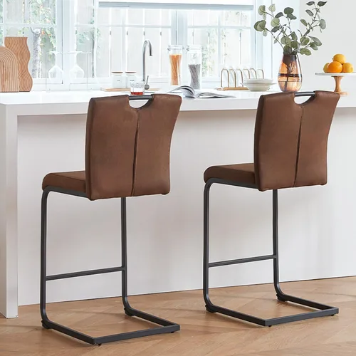 Vista 5 de GrandNoor Mid Century - Juego de 2 taburetes de bar modernos de 26 pulgadas marrón con respaldo, taburetes de bar tapizados de altura de encimera
