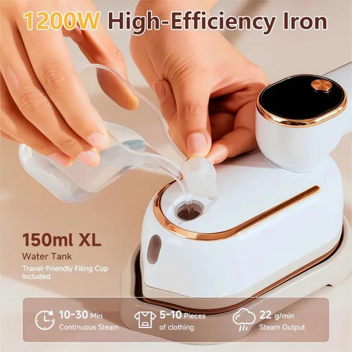 Vista 6 de Vaporizador de viaje, vaporizador portátil de 1200 W para ropa, calentamiento rápido de 10 segundos, plancha a vapor para ropa con LED, mango
