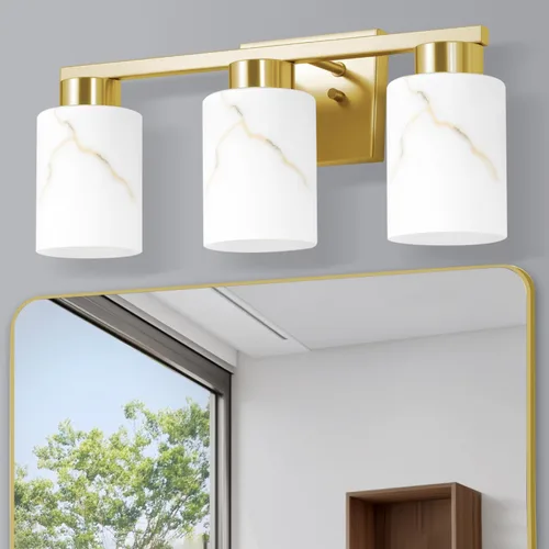 Vista 26 de Juego de 2 apliques de pared dorados con pantalla de vidrio de mármol, accesorios modernos de tocador de baño para dormitorio, pasillo, entrada