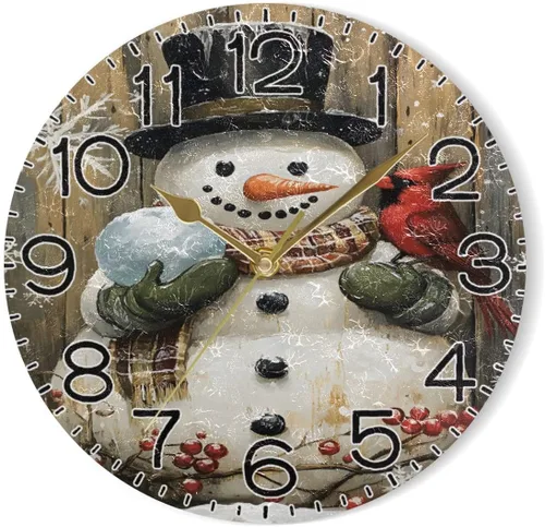 Vista 7 de ALAZA Snowman Cardinal Wood Wall Clock Battery Operated Non Ticking Silent Quartz Analog Rustic Farmhouse Round Clock Retro Decor for Home Kitchen