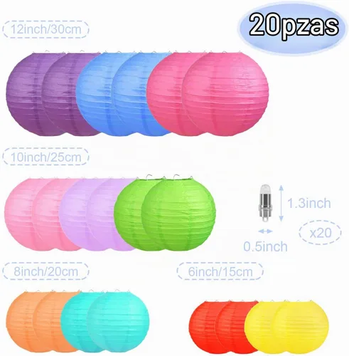 Vista 2 de LIHAO 20 linternas de papel coloridas con luces, multicolor Varios