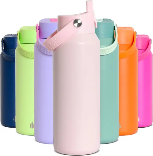Vista 33 de Elemental Botella de agua aislada de 24 onzas con popote, botellas de agua con núcleo de acero inoxidable 100% a prueba de fugas para viajes, Beige