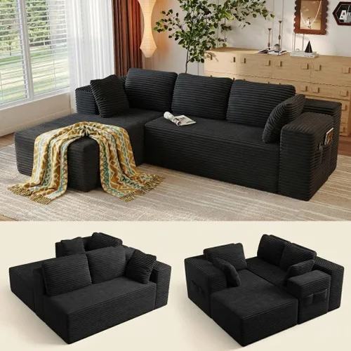 Vista 10 de Gizoon Sofá modular Cloud de 105 pulgadas con diván en forma de L, sofá modular sin hueso para sala de estar, sofá de pana tapizado con asiento Beige