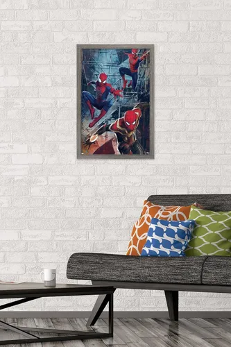 Vista 2 de Trends International Marvel Spider-Man: No Way Home - Póster de pared de trío, 14.725 x 22.375 pulgadas, versión enmarcada de madera de granero