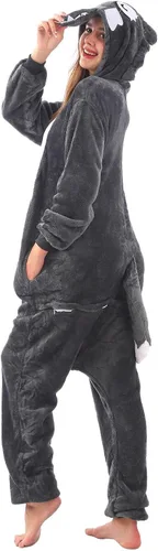 Vista 4 de Pijama de una pieza para adultos, disfraz de dibujos animados de animales para mujeres y hombres, cosplay, Halloween, lobo