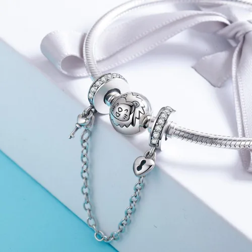 Vista 4 de Cadena de seguridad de plata de ley 925 con dije de amor, corazón, flor, copo de nieve, arco de copo de nieve, cierre de cristal de circonita