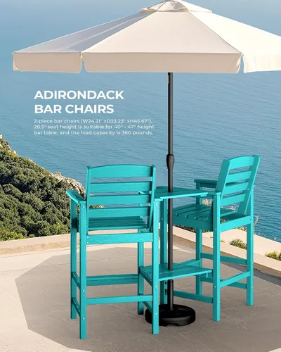 Vista 6 de SERWALL: Juego de 2 sillas Adirondack altas con mesa conectada, taburetes de exterior para todo clima, color azul Aruba