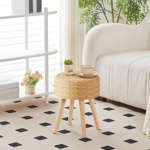Vista 6 de Cpintltr Taburete otomano redondo con patas de madera maciza, reposapiés de jacinto tejido a mano, taburete para sala de estar, balcón, jardín