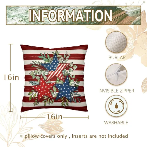 Vista 55 de Juego de 2 fundas de almohada de 16 x 16 pulgadas, diseño patriótico de bandera estadounidense con estrellas para exteriores, estilo casa de campo