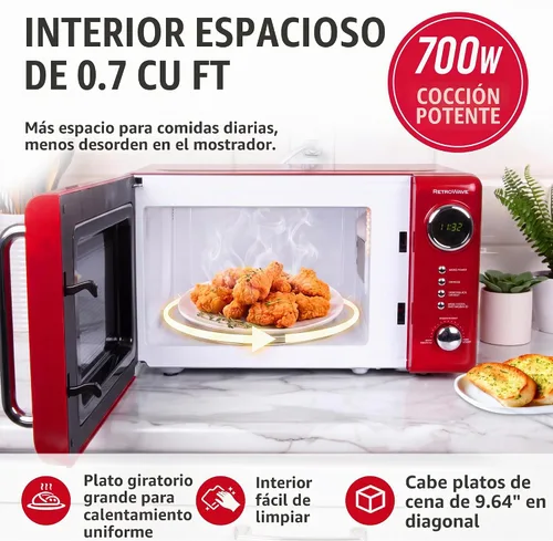 Vista 5 de Nostalgia Horno microondas retro compacto para encimera, 0.7 pies cúbicos, 700 vatios con pantalla digital LED, bloqueo para niños, interior fácil