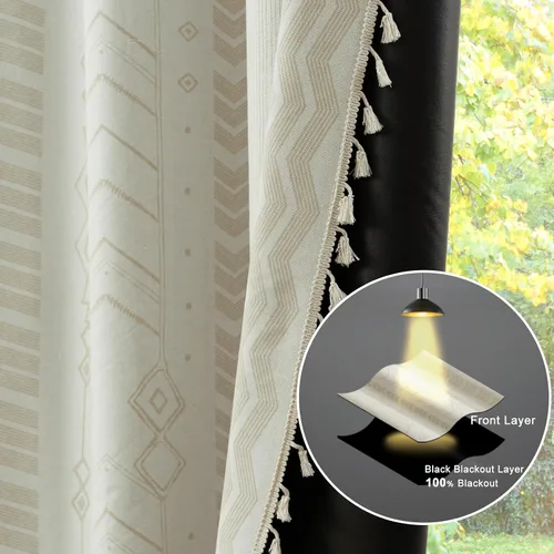 Vista 5 de Cortinas Boho ColorBird Beige Crema opacas, 2 paneles de 63 pulgadas de largo, tratamiento para ventanas con aislamiento térmico, estampado