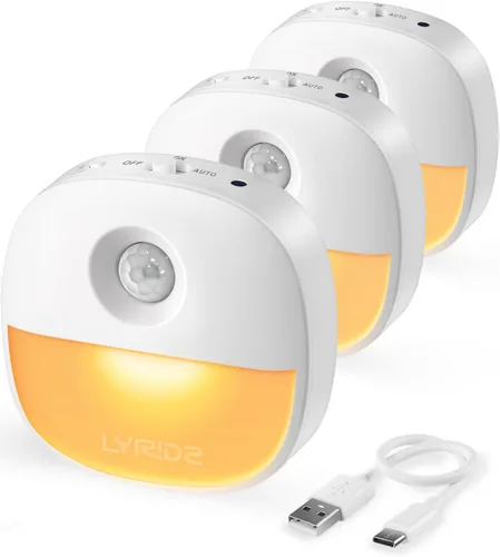 Vista 10 de Lyridz Luz nocturna recargable, luz nocturna con batería con sensor de movimiento, mini luz LED adhesiva, brillo regulable de 1-20 lm para baño