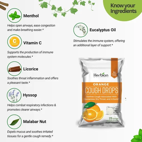 Vista 2 de Herbion Naturals - Gotas para la tos con sabor natural a naranja, suplemento dietético, alivia la tos, para adultos y niños mayores de 6 años, 25