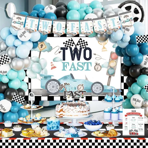Vista 6 de Dos decoraciones de cumpleaños rápidas: 131 piezas con temática de autos de carreras con guirnalda de globos, dos fondos rápidos, globo de aluminio