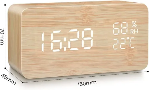 Vista 2 de Reloj despertador LED Digital de madera USB/AAA Powered Table Watch con temperatura humedad Control de voz Snooze Relojes electrónicos de escritorio