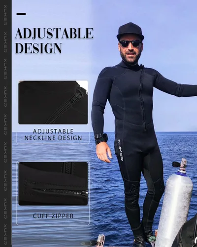 Vista 4 de XUKER Traje de neopreno para hombre y mujer, 0.118 pulgadas, con cremallera frontal, cuerpo completo, manga larga, traje de buceo en agua fría