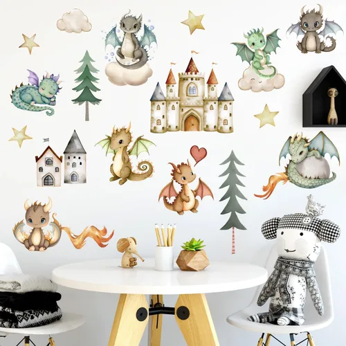 Vista 7 de Calcomanías de pared de dinosaurios de dibujos animados 3D, lindos castillos de dinosaurios para bebé, calcomanías de pared extraíbles de acuarela