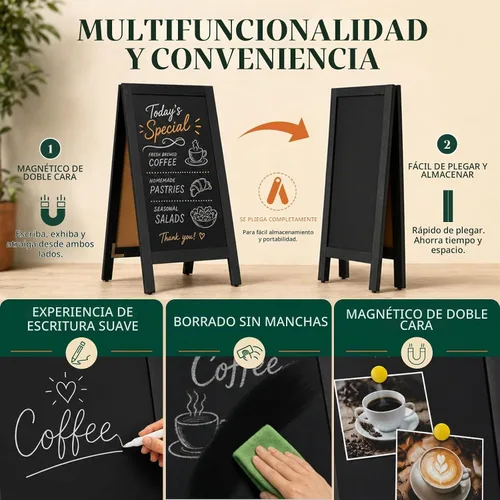 Vista 2 de 4 THOUGHT Pizarra magnética de doble cara con marco A de 40"x20", tablero de madera de pino macizo independiente para sándwiches para restaurantes