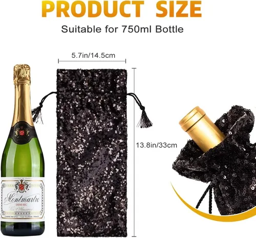 Vista 7 de Eternal Beauty 4 bolsas de vino con cordón, cubierta de botella de lentejuelas para bodas de cumpleaños (14 x 6 pulgadas, negro)