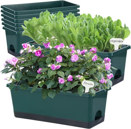 Vista 12 de Oliz Macetero rectangular para ventana, 8 unidades, 17 pulgadas con agujeros de drenaje y bandejas, macetas para alféizar de ventana, patio, jardín