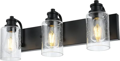 Vista 7 de Lámpara de baño vintage de 3 cabezales en acabado negro mate, pantalla de vidrio transparente clásica, iluminación de baño sobre espejo, lámpara