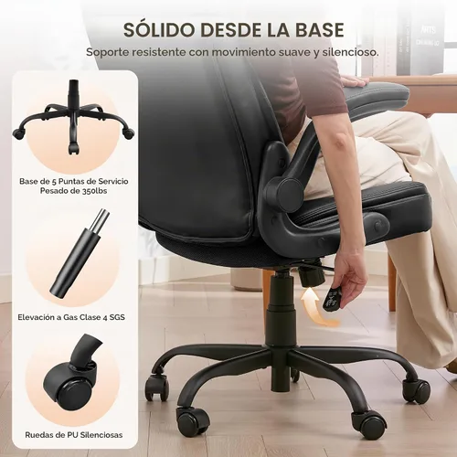 Vista 7 de Silla de Oficina para el Hogar con Soporte Lumbar, Asiento Engrosado de 5", Pequeña Silla de Escritorio Mecedora de Cuero PU, Cómodas Sillas de Negro