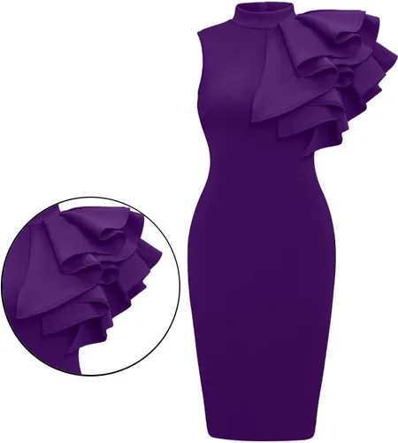 Vista 3 de XXTAXN - Vestido de cóctel entallado, formal, sin mangas y con volados para mujer, vestido de tubo por debajo de la rodilla