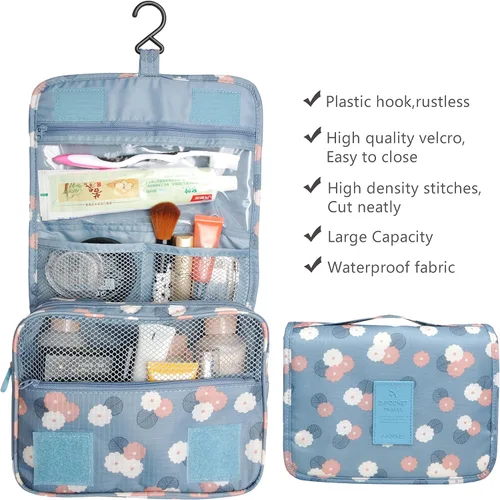 Vista 3 de Bolsa para productos cosméticos. Bolsa para colgar productos de tocador. Organizador de viaje, para hombre y mujer., Azul Flores)