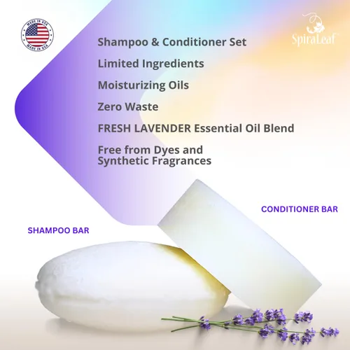 Vista 2 de SpiraLeaf Juego de barra de champú y acondicionador, aceites esenciales puros de lavanda fresca, aroma ligero, ingredientes limitados, fórmula