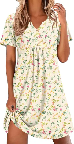 Vista 18 de Ekouaer Camisones para mujer de algodón Vestidos de noche Plisados Camisones Henley Cuello en V Camisas de dormir de manga corta Ropa de dormir