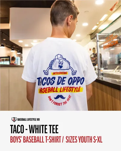 Vista 2 de Baseball Lifestyle 101 Taco - Camiseta juvenil para niños, color blanco, suave mezcla 60/40, transpirable, costuras laterales, tallas juveniles S-XL