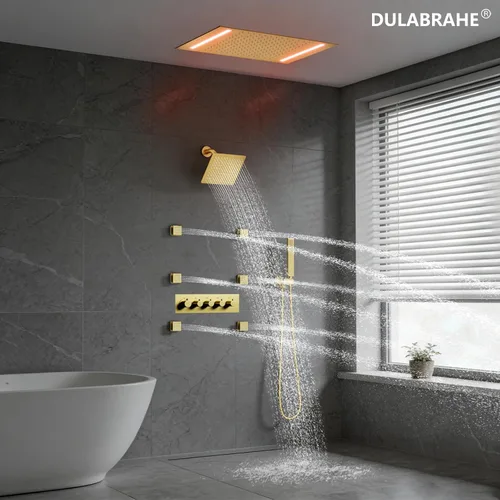 Vista 9 de Sistema de ducha termostático y cabezal de ducha de lluvia LED de techo de Oro cepillado