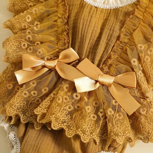 Vista 6 de Mameluco de burbujas para bebé niña con encaje y tutú con mangas con volantes, traje de verano