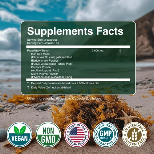 Vista 8 de Cápsulas de Musgo Marino - Musgo Marino Irlandés Avanzado con Raíz de Bardana, Fucus & Muira Puama para la Inmunidad, el Intestino y la Energía