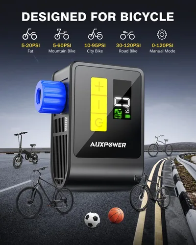 Vista 4 de Auxpower BL03 Bicycle Pump with Pressure Gauge, 120PSI Electric Bike Pump with Presta and Schrader Valve, Auto Stop, Outdoor Camping Cycling Pump