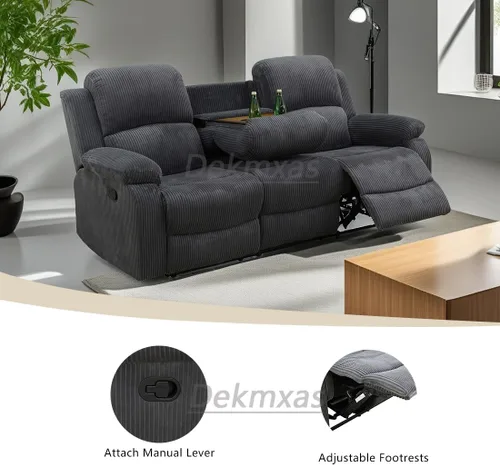 Vista 4 de Juego de sala de Estar reclinable de 3 piezas, juego de sofá reclinable Manual para conjunto de muebles de sala de Estar, con consola de Gris oscuro