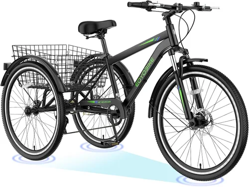 Vista 11 de H&ZT Triciclo para adultos, bicicleta de 3 ruedas, triciclo crucero, con cambio de 7 velocidades, manilla de freno de estacionamiento, paso bajo